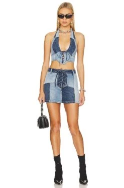 X REVOLVE Benji Skirt Vintage Blue Wash -Camila coelho || FREE PEOPLE || Bardot Sales AFFM WQ36 V4