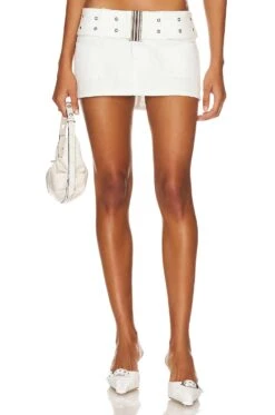 Denim Belted Mini Skirt White