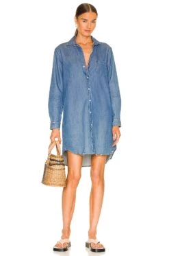 Mary Woven Button Up Dress Vintage Stonewashed Indigo