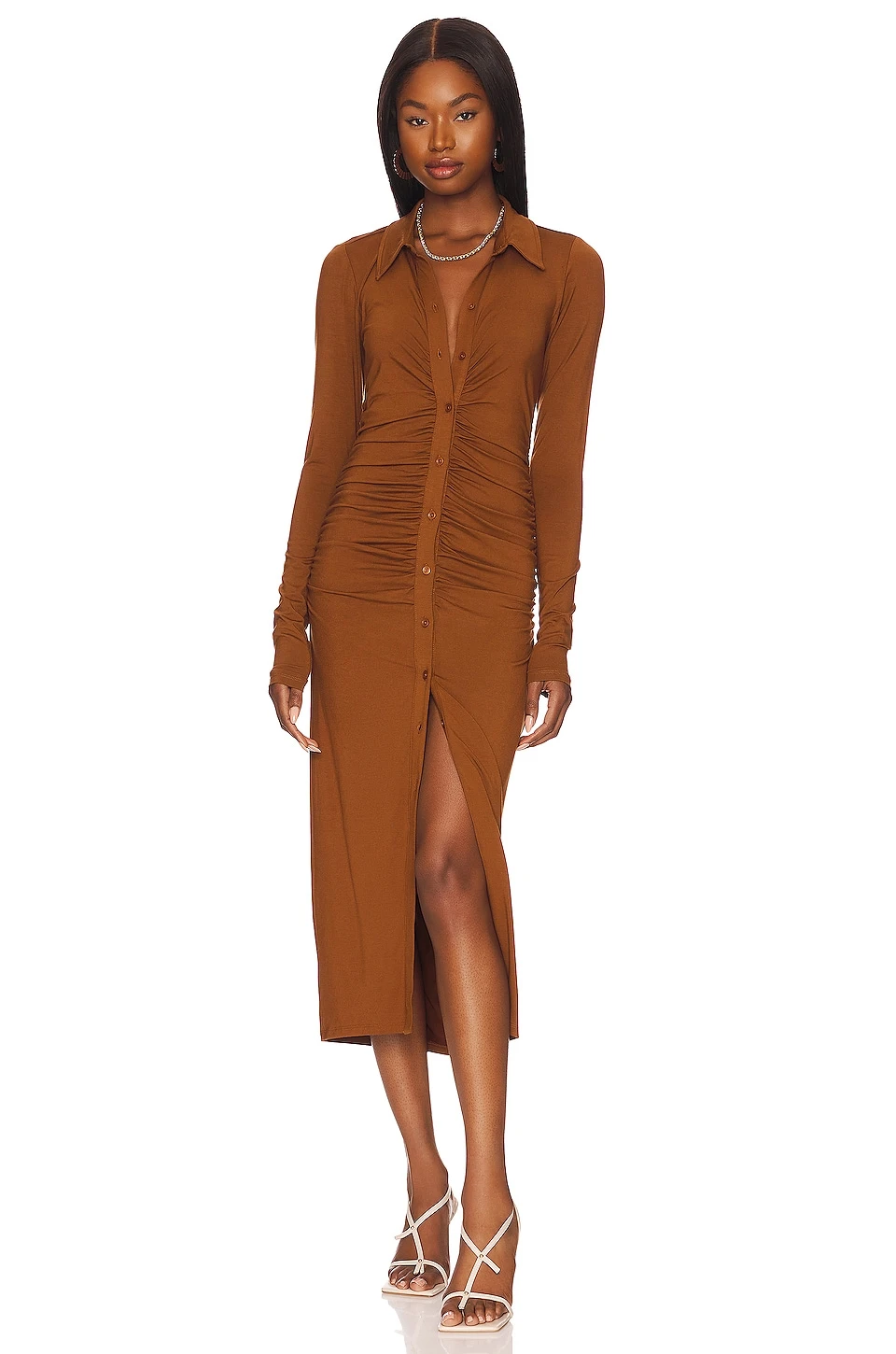 GOOD AMERICAN Good Touch Button Front Midi Burnt Caramel002 2 GOOD AMERICAN Good Touch Button Front Midi Burnt Caramel002
