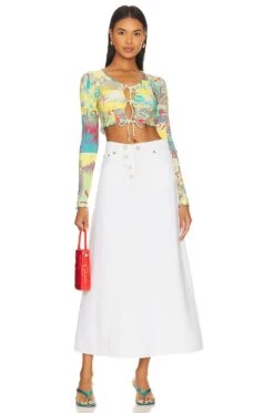 Ganni Denim Double Fly Maxi Skirt Bright White -Camila coelho || FREE PEOPLE || Bardot Sales GANR WQ19 V4