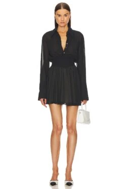 Sheer Mini Shirt Dress Black