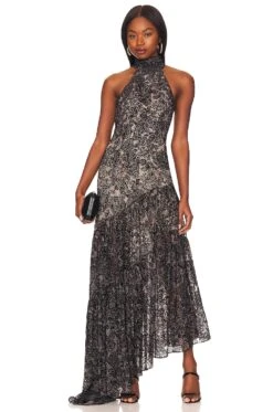 Ona Velvet Burnout Maxi Dress Black & Cream